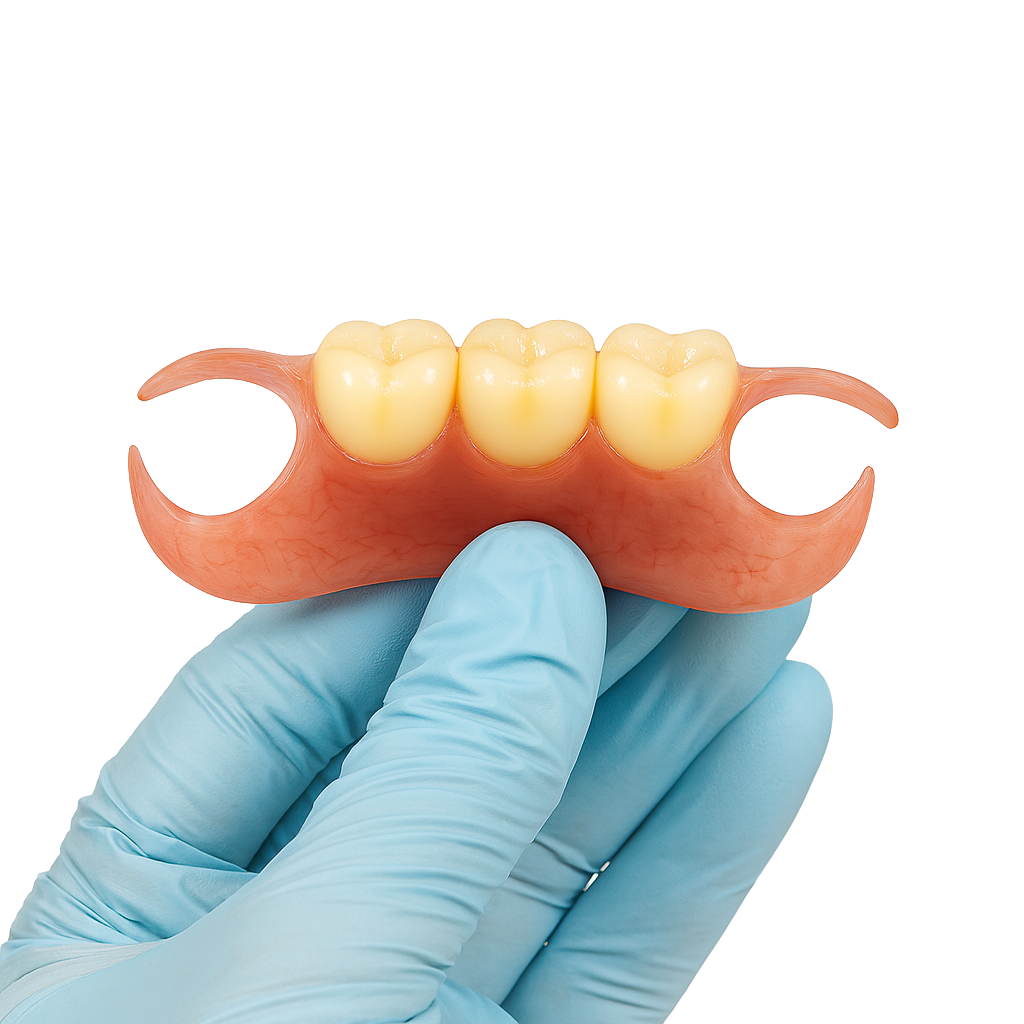 Woman fitting Imako® Cosmetic Teeth over her natural smile for a quick cosmetic enhancement.