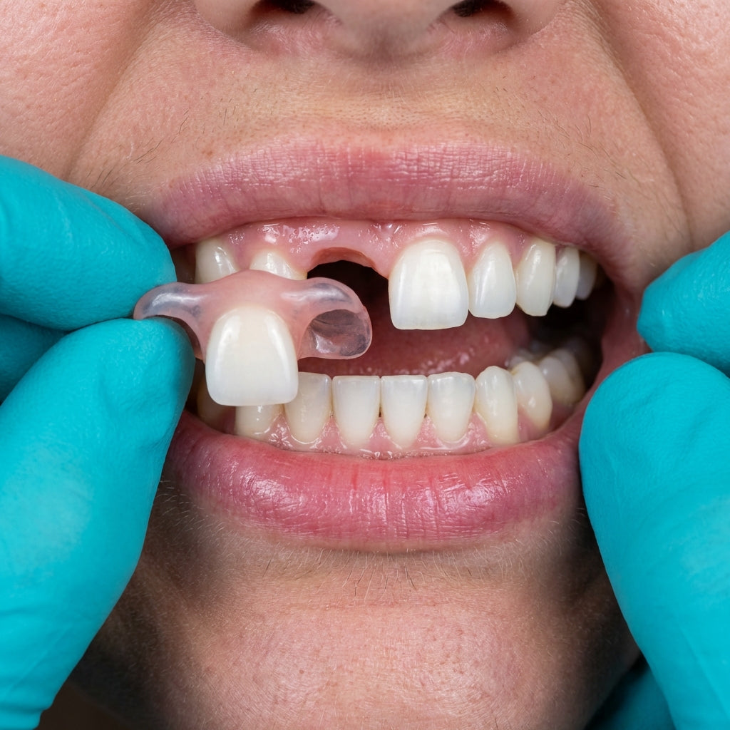 Woman fitting Imako® Cosmetic Teeth over her natural smile for a quick cosmetic enhancement.