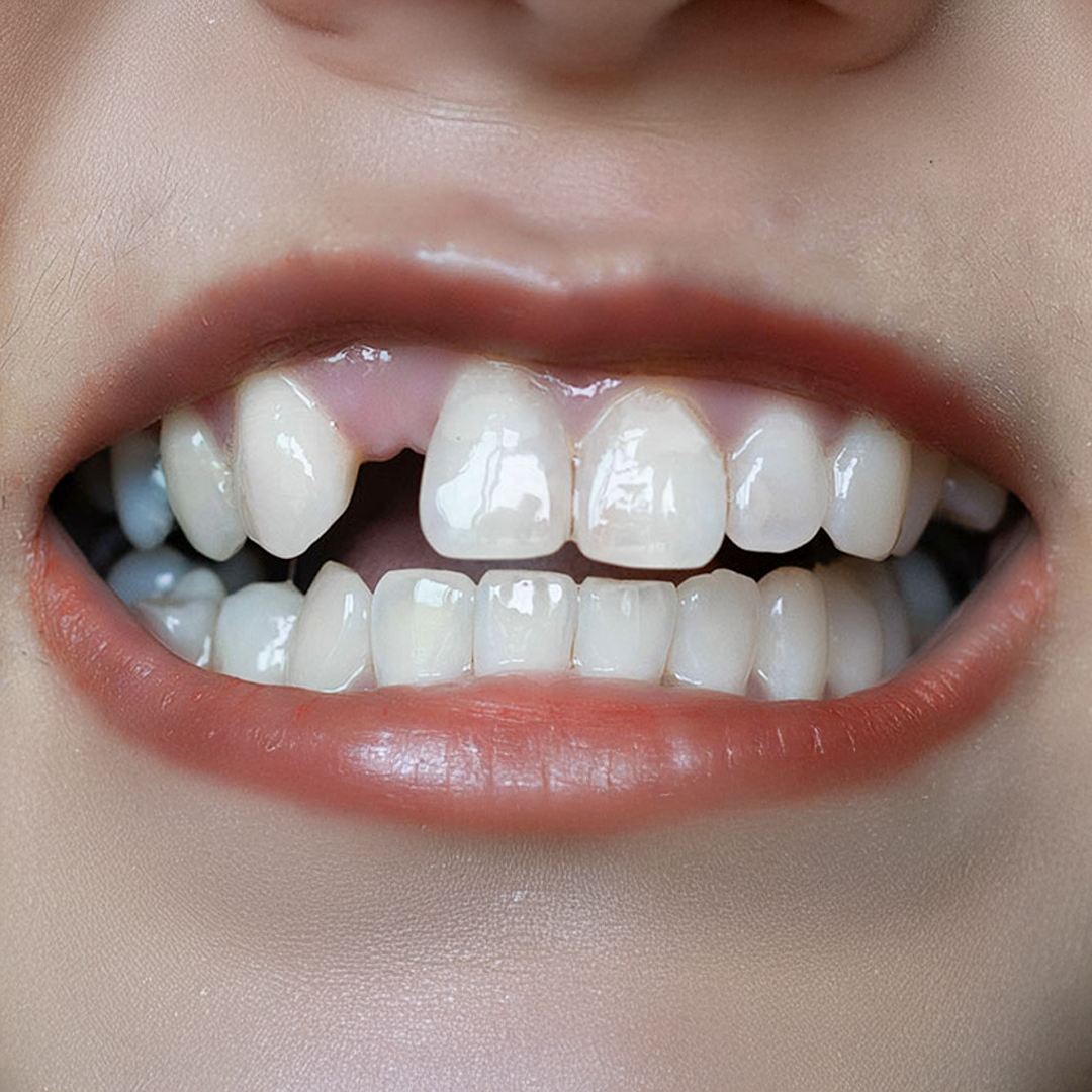 Smile with a visible missing tooth before using Imako® Temporary Tooth solution.